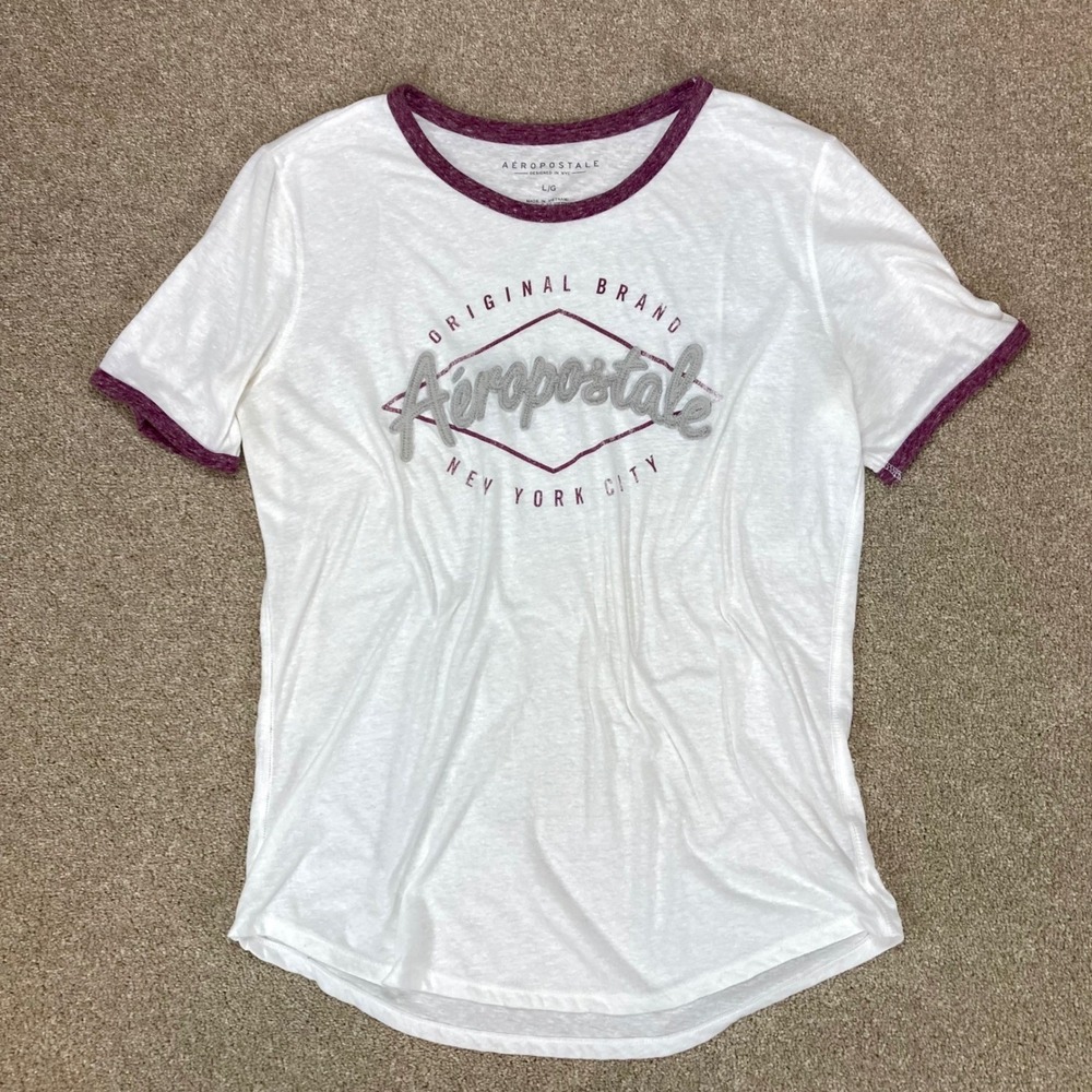 Aeropostale Graphic Appliquéd NYC Tee Shirt Womens L White Burgundy Loungewear